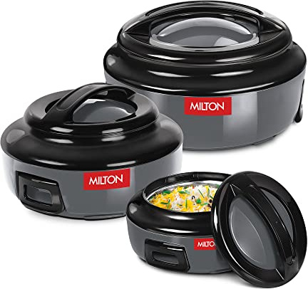 Milton Casserole Setof3(0.42, 0.85 & 1.43 L) PU Insulated Hot Pot for Food | Stainless Steel Inner, Retains Heat for a Longer Time, Easy Serving with Lid, Ideal for Serving Food & Roti, ERNESTO, Grey
