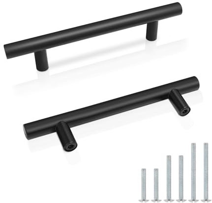 Probrico Black Kitchen Cabinet Handles and Pulls, 96mm (3.75mm) Hole Centers Cupboard Handles, Round T Bar Door Handles, Black Stainless Steel Furniture Handles, 10 Pack