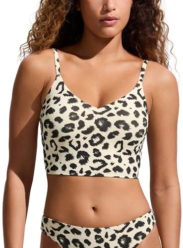 CRZ YOGA V Shaped Longline Bikini Tops for Women - Padded Cropped Adjustable Spaghetti Straps Swimsuit Athletic Bathing Suit Primulin Leopard Print X-Large