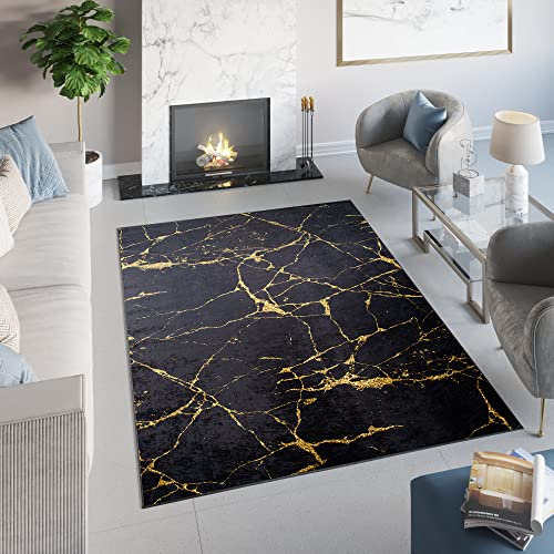 TAPISO Toscana Teppich Bedruckter Teppich Schwarz Gold Marmor Marmoreffekt Waschbar rutschfest Wohnzimmer Schlafzimmer Büro Modern Design 140 x 200 cm