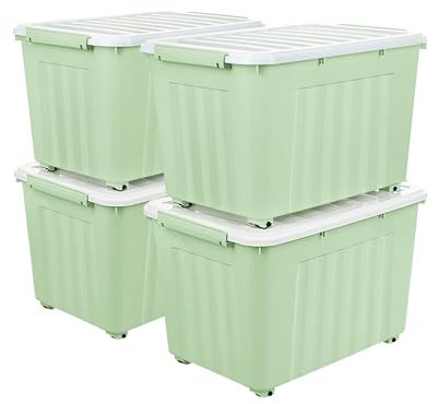 Cetomo 55L*4 Cajas de Almacenamiento con Tapas, Contenedores de Plástico con Ruedas, Clip On, Apilables, Encajables, Organizador Rayado para Oficina en Casa, Verde, 55L-4 Pack