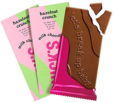 NICKS Chocolat au lait noisette, Sans Sucres Ajouté, Barre Keto, Chocolat à faible teneur en glucides lowcarb, sans gluten et sans huile de palme (3x75g)