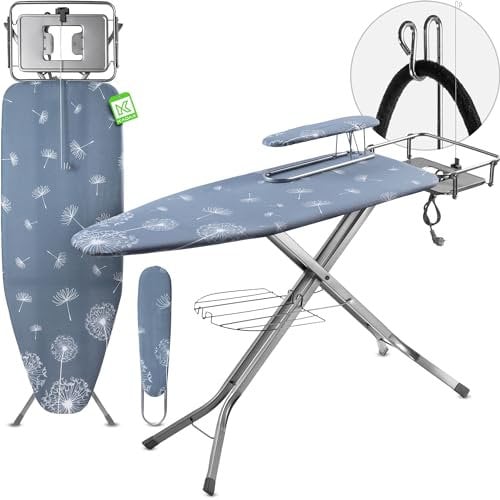 KADAX Tabla de Planchar Plegable con Enchufe, Altura Regulable, Funda Removible, Mesa para Planchar Mangas y Soporte para Plancha y Cable (Azul)