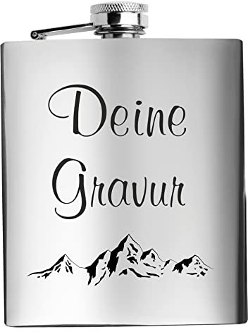 Edelstahl Flachmann 200 ml silber inkl. individuelle Gravur in Schwarz - personalisiertes Geschenk für Geburtstag, Weihnachten, Vatertag, Trauzeugen - 5 Zeilen (Silber)