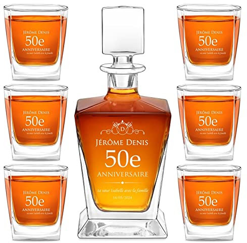 Maverton Carafe et Verres personnalisés - 800ml Bouteille avec 6 Verres à Whisky de 250ml - Accessoires bar pour hommes - Service à Whisky pour papa - pour anniversaire - 50 ans