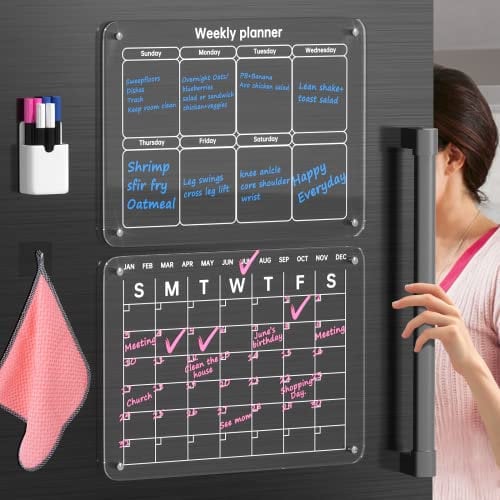 Aedcbaide Magnetic Calendar for Fridge, 2 Set Acrylic Fridge Calendar Magnetic Weekly & Monthly Planner with White, 16X 12 Wet/Dry Erase Magnetic Fridge Calendar 2025 Kitchen Meal Planning Board
