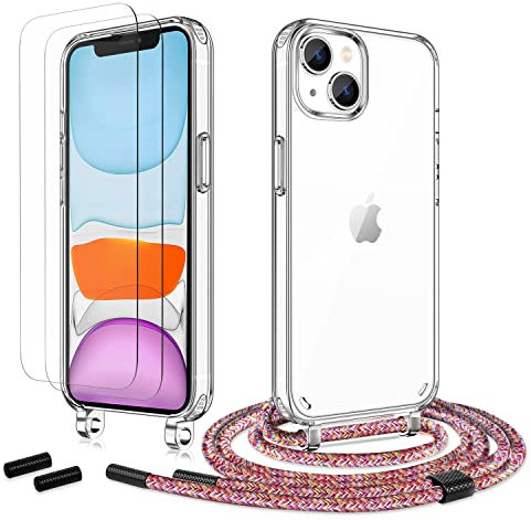 Anshow Handykette für iPhone 13 Mini Hülle mit Band + 2 Schutzfolie, Robust Necklace Extrem Stoßfest Handyhülle iPhone 13 Mini Case Transparent Schutzhülle zum Umhängeband Abnehmbar, Regenbogen