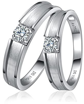 AMDXD Weißgold 750 18 Karat Ringe Diamant 0.25ct, 1 Paar Diamantring Klassiker Design Trauringe Solitärring Partnerringe, Damen 52 & Herren 63, Echte Goldschmuck