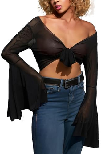 EVELUST Rave Bell Mesh Crop Top for Women - 70s Long Sleeve Tie Front Sheer Shirt Ruffle Fairycore Blouse Festival Outfits(Black,L,1087w)