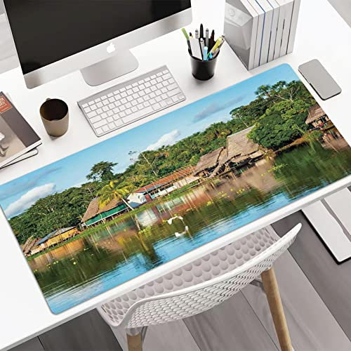 Gaming Tapis de Souris XXL 800x400 mm,Paysage, Amazonie tropicale Riverside Village Huttes Palmiers Journée ensoleillée Nua,Tapis de Souris Grand Bords Cousus Antidérapant pour PC, Ordinateur Portable