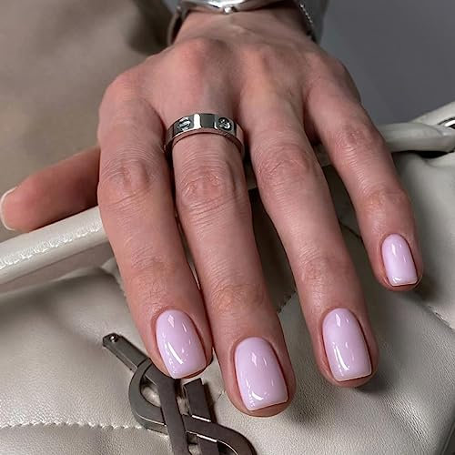 JUSTOTRY 24 Pcs Glossy Rose Pale Carrés Faux Ongles Court Motif,Solide Press on Nails Courts,Moyen French Faux Ongle avec Colle Pour Femme et Ado,Pink Square Faux Ongles à Coller Nail Art
