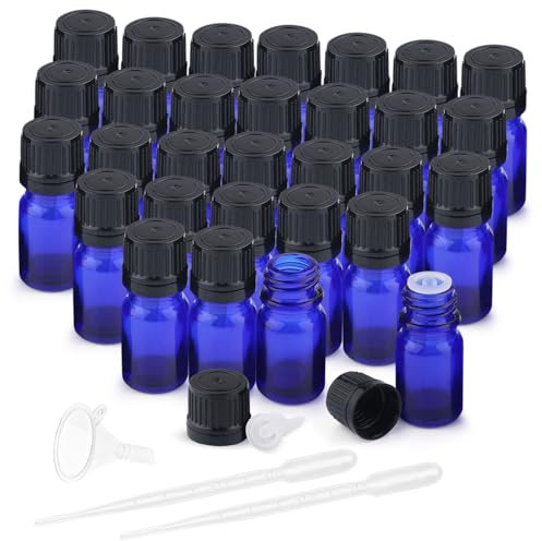 Mirrline Lot de 30 flacons rechargeables en verre bleu cobalt de 5 ml avec réducteur compte-gouttes et bouchon noir pour parfum, parfum, liquide cosmétique