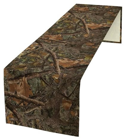 Tischläufer mit Wald-Tarnmuster, Wald-Tarnmuster, Nadelbaum, Eiche, Zweige, Blätter, moosige Jagdhütte, Camp-Hütte, Thema, Abendessen, Tischdekoration für Zuhause, Küche, Esstisch, Dekoration, 33 x