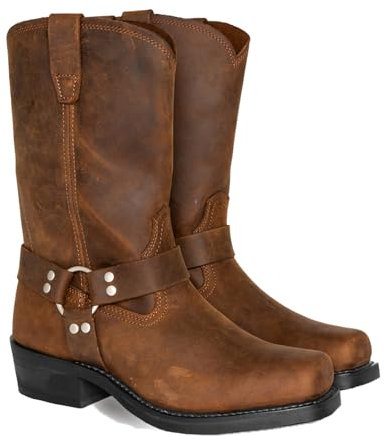 ENWIND Hommes PU Cuir Équitation Moto Bottes Mi-Mollet à Bout Carré Western Cowboy Biker