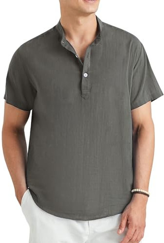 Enlision Linen Collarless Shirts for Men Casual Cotton Short Sleeve Dark Gray Henley Shirts Button Down Summer Lightweight Shirt Tops Solid Color S