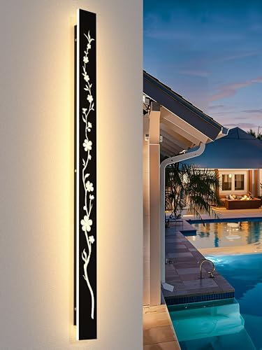 Led Lange Wandleuchte Schwarz 115cm Außenwandleuchte 36W IP67 Wasserdicht Villa Wandlampe 3000K Pfirsichblüten Design Lang Wandleuchten Außenwände Gärten Porch Treppe Terrassen Beleuchtung