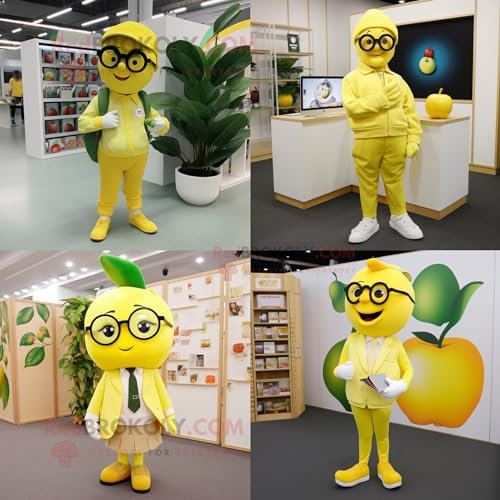 REDBROKOLY Giallo limone Mela mascotte costume personaggio vestito con pantaloni e occhiali da lettura