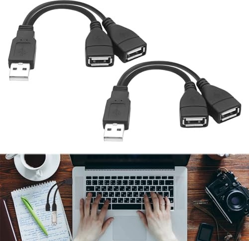 USB Double Adapter, 2 PCS Splitter 2 Port Female to Male Cable, Charge & Sync Extender for Laptop, Phone, Tablet, Y Splitter Power Cord Adapter