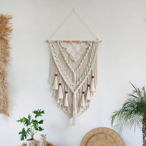 ANAZOZ Boho Makramee Wandbehang, Wanddeko Makramee Baumwolle Gewebte Mit Quasten Holzperlen Wand Tapisserie Böhmische für Schlafzimmer Wohnzimmer Kinderzimmer, 80x50cm Beige