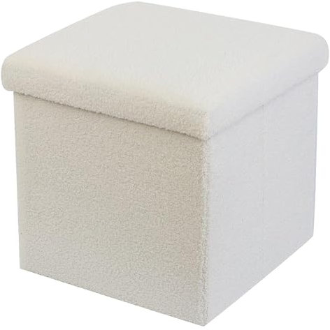 DANIEL JAMES Housewares Folding Ottoman Storage Cube – Compact Padded Footstool Storage Box Chest with Lid for Bedroom, Hallway, Living Room - Teddy Boucle: White