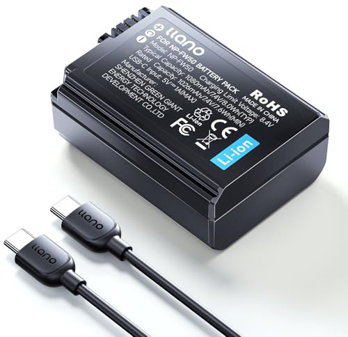 llano NP-FW50 Batterie (USB-C) 1080 mAh pour Sony ZV-E10, A6100, A6400, DSC-RX10 IV, DSC-RX10 III, DSC-RX10 II, DSCRX10, Alpha 7, Alpha 7R, a7, a7R, a7R II, a7S, a7S II, a3000, a5000 - Noir