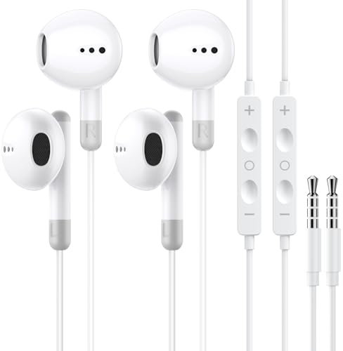 Auriculares con cable,2 Pack Cascos con Cable Auriculares con Micrófono y Cable, Reducción Ruido Sonido Estéreo Control de Volumen,Micrófono Universal para Todos los Dispositivos de Auriculares 3.5mm