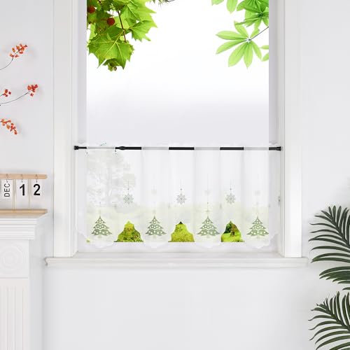 HeichkelL Voile Scheibengardine Bistrogardine mit Weihnachtsbaum und Schneeflocken Weihnachten Kurzstores Transparente Gardine Stangenlöcher Grün HxB 60x140 cm
