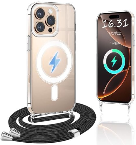 Magnetisch Handykette Kompatibel mit iPhone 16 Pro Hülle mit Band,[Kompatibel mit Magsafe][Mit Kette]Transparente Handyhülle Schlank Silikon PC Stoßfest Schutzhülle für iPhone 16 Pro Case, Schwarz