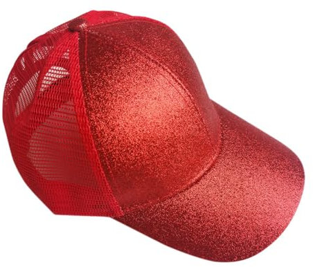 Rockreyoa Mädchen Basecap Kinder Glitzer Baseball Cap Netz Baseballmütze Glänzende Pferdeschwanz Hüte Verstellbare Sonnenhut Sommer Baseballkappe Cool Kappe Sommer Sonnenkappe Outdoor Rot