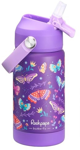 Rockpapa 14oz Kids Insulated Water Bottle with Straw, 18/8 Stainless Steel | BPA-Free, Leak Proof, Sturdy, Water Bottle for School Boys Girls (Purple Butterfly)