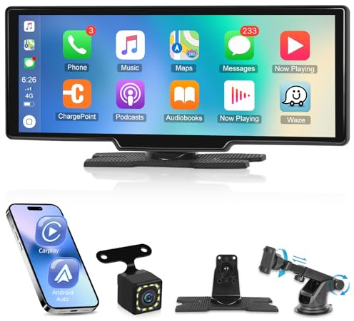 Wireless Apple Play Screen for Car 10.26 inch Carplay Screen+Reverse Camera | Support Car Play & Android Auto Touchscreen FM Transmission Super Link Video Bluetooth, for 7V-32V Vehicles