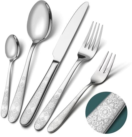 EIUBUIE Besteck Set 6 Personen, 30-teiliges Edelstahl Besteckset mit einzigartigem Musterdesign, Tafelbesteck mit Messer Gabel Löffel, Essbesteck für Haus/Küche, Hochglanzpoliert, Spülmaschinenfest