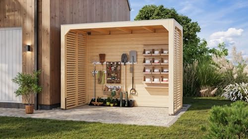CHILLROI® Karibu moderner Gartenpavillon mit Flachdach, Selbstklebender Dachfolie, wetterfest und stabil, für Garten, Terrasse und Outdoor-Bereich (Pavillon mit Rückwand + 2 Seitenwänden)