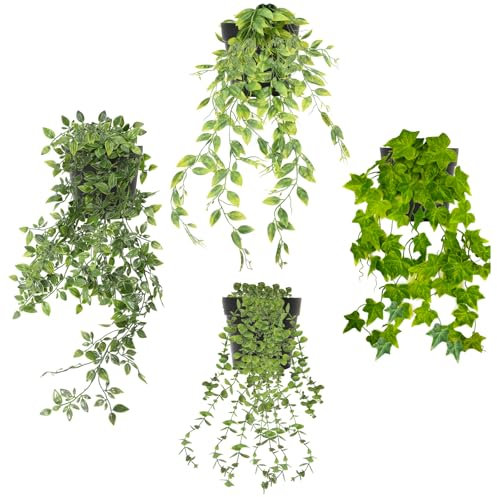 Zequech 4 Simulated Green Hanging Potted Plants, Mandala Pea Pod Short Eucalyptus Ivy, Indoor and Outdoor Terrace Office, Outdoor Wedding Decoration, Artificial Landscape