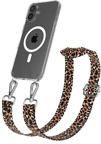 EAZY CASE Handykette - Verstellbares Taschenband kompatibel mit iPhone 16 Plus, Schulterriemen, Handykordel mit Silikon Hülle, Qi Charging kompatibel, Umhängetasche, Leo - Schwarz Braun Silber