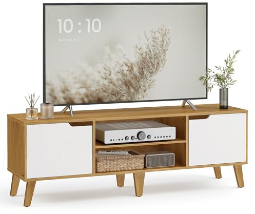VASAGLE Mueble de TV, Soporte de TV con Estante Ajustable, para Televisores de hasta 65 Pulgadas, Longitud 147 cm, para Sala de Estar, Dormitorio, Roble Natural y Blanco Crema LTV556Y01