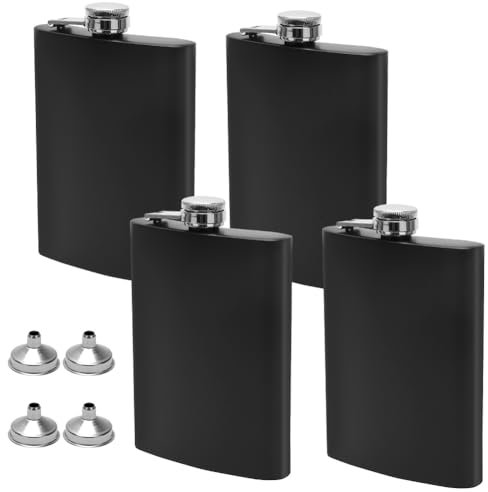 Flachmann Edelstahl 4 Stück, Geschenk für Männer, Edelstahl Flachmänn für Spirituosen, 8oz Tragbarer Whiskeyflasche, Flachmann Set aus Edelstahi mit Trichter für Männer,Frauen,Camping Wandern,Picknick