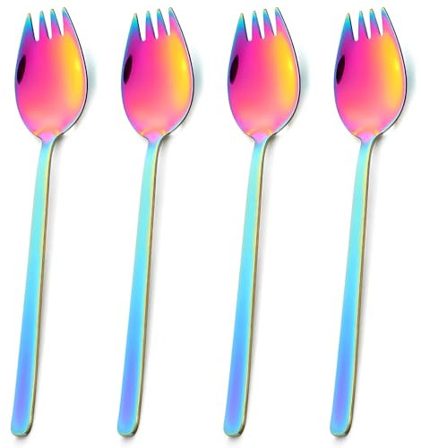 HJZHII 4 Pcs Stainless Steel Sporks, 7.5 Inches Long Handle Dessert Spoons Salad Forks Ice Cream Spoons Reusable Fruit Appetizer Dessert Forks Flatware Set for Household Camping