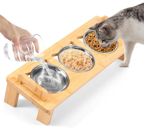 GWCYMYD Tilted Cat Bowls with Stand, 3 in 1 Double Handles Elevated Cat Feeding Bowl with Bamboo Base, Stainless Steel Raised Bowls for Cats and Small Dogs