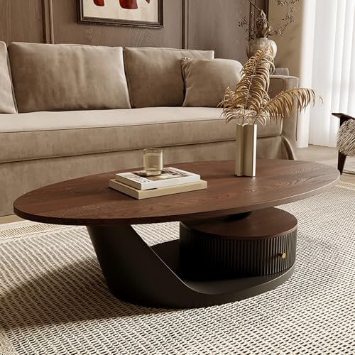 Qiydia Mid-Century Modern Couchtisch für Wohnzimmer, Ovaler Mitteltisch mit Massivholzplatte, Sofa Beistelltisch mit Schublade, Akzent-cocktailtisch für Home Office(120x60x40cm(47x24x16in), Black)
