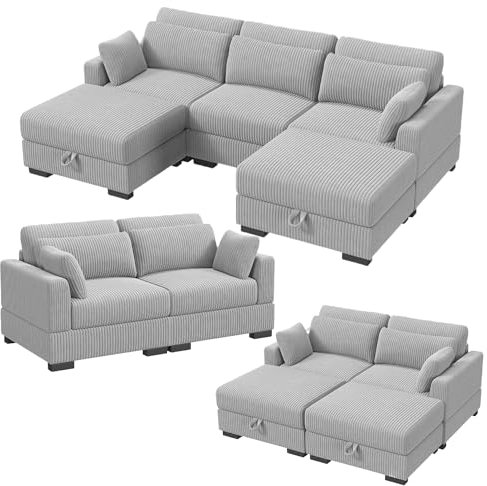BRILVERDE Modulares Sofa, Einzelsofa, Schlafsofa mit Bettkasten, Eckcouch mit Schlaffunktion, L Förmiges Sofa Aus Cordstoff mit Kissen und Ottomane, Moderne Schlafcouch für Wohnzimmer(1er, Grau)