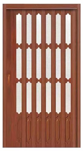 Puerta de acordeón plegable con ventana y asa, puerta plegable corrediza de PVC para entrada de cocina, pantalla decorativa marrón con riel de metal (104 x 203 cm)