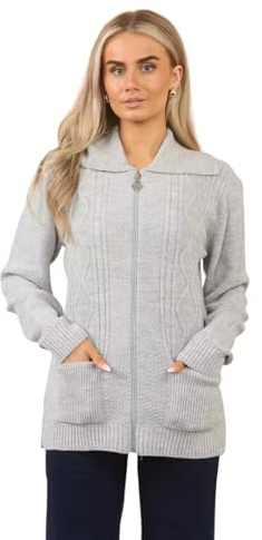 Women’s Zip Up Cable Knit Cardigan – Chunky Knit Jumper with Pockets | Soft Warm Ladies Winter Zip Through Sweater | Long Sleeve Collared Knitwear Jacket for Autumn & Casual Wear