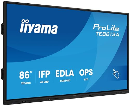 iiyama Prolite TE8613A-B2AG 217.4cm 86 IPS LED interaktives Display 4K UHD 40 Touchpunkte PureTouch-IR⁺ HDMI DP USB-C DP-Alt USB2.0/3.2 RJ45 WiFi OPS Android 14 Google EDLA PIR NFC AntiGlare 7H 24/7