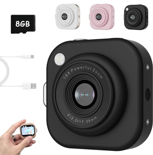 2026 Mini Keychain Digital Camera with 8GB SD Card, Retro Y2K Pocket Camera & 1080P Camcorder with Flash, 2.5k HD with 64MP Lens Cameras with Chain for Travel Holiday Trend Gift Festivals (Black)