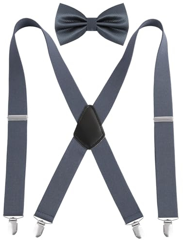 Alizeal Elastic Comfy Mens Fliege und Hosenträger Set X Shape Adjustable Braces, Grau