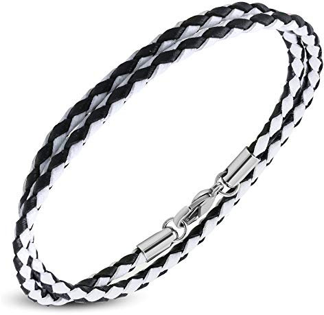 BlackAmazement 45cm 3mm stark Leder Kette Band Halskette Wickelarmband geflochten rosa weiß blau braun schwarz rosa Karabinerverschluss (Weiß/Schwarz)
