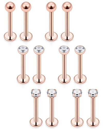 Mayhoop Tragus Earrings 16G Surgical Steel Cartilage Studs Piercing Clear Diamond CZ Conch Helix Ring Barbell Jewelry for Women Men 6mm 12 Pieces Rose Gold