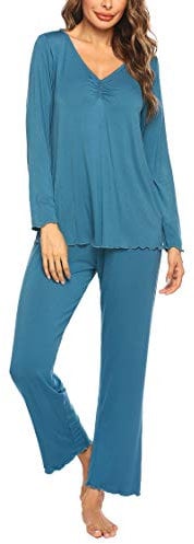 MAXMODA Pigiama Donna Maglietta Manica Lunga e Pantalone Lungo Pigiami per Le Mezze Stagioni, Verde Blu, M