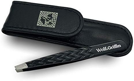 Wolf & Griffin Black Edition Pince à épiler de précision ultime avec étui | Acier inoxydable avec revêtement noir | Pince à épiler professionnelle inclinée pour homme et femme